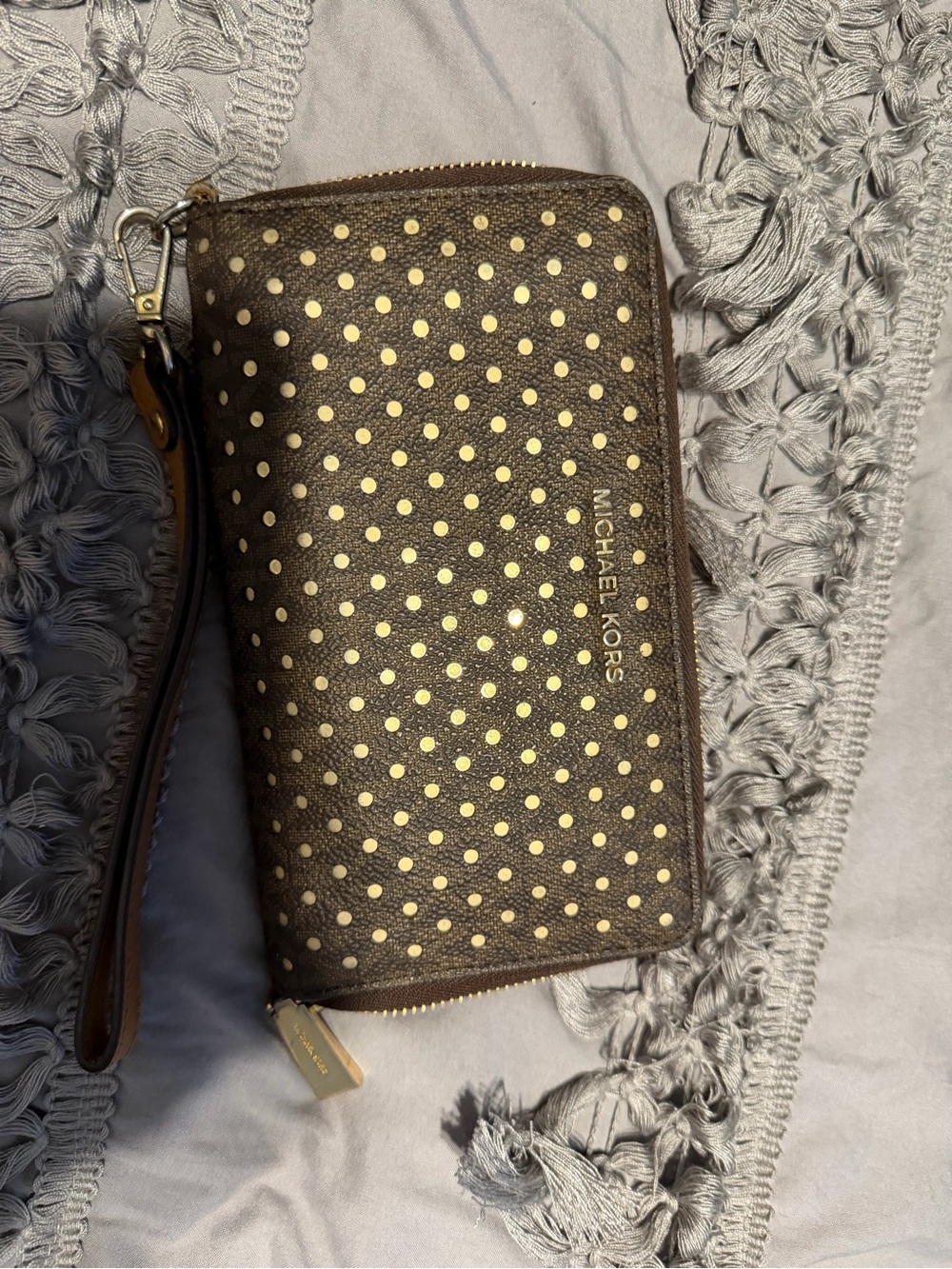 Michael Kors Brown Wristlet with Gold Polka Dots